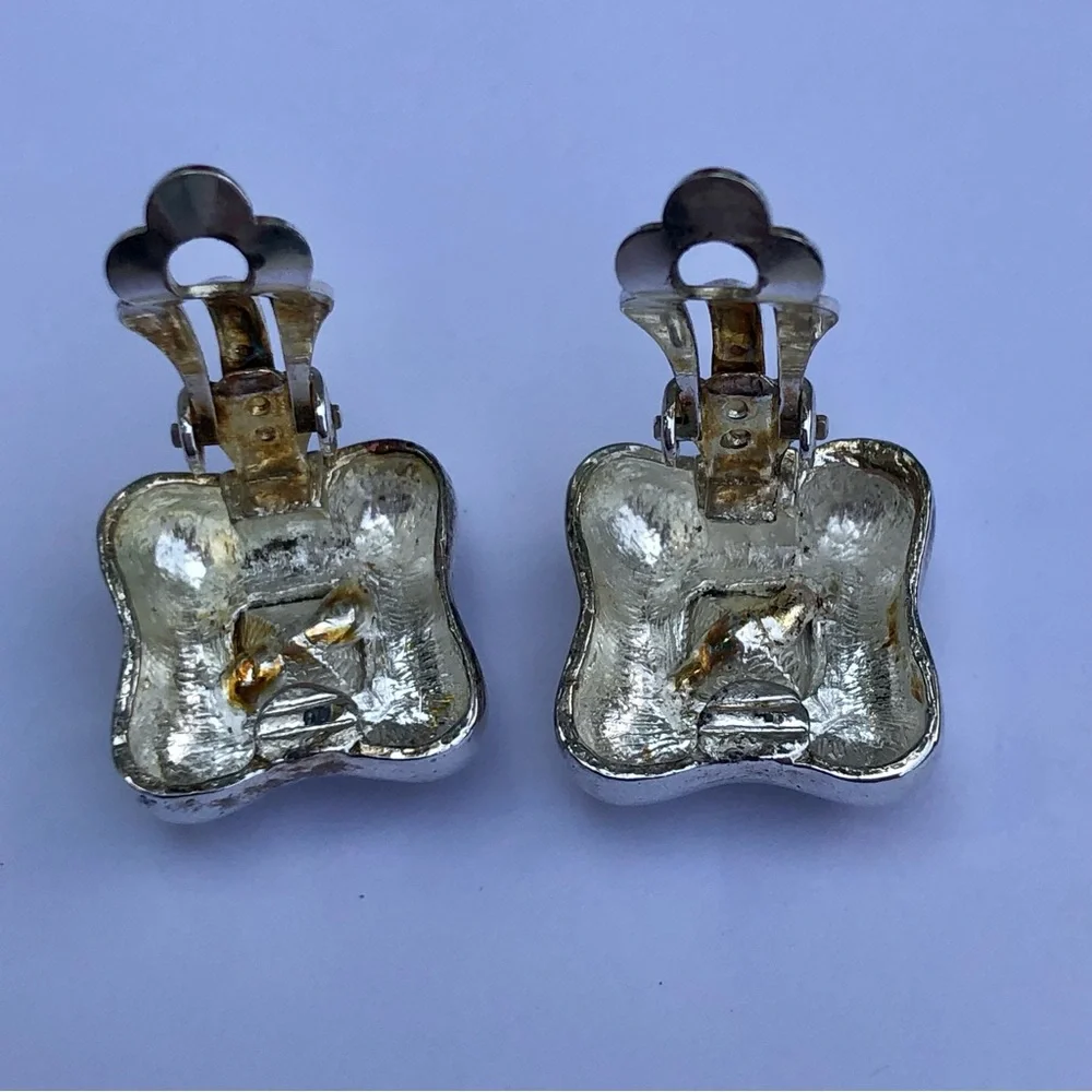 Clip on earrings Royal Blue emerald cut polished silver rounded square colbalt - Picture 4 of 5